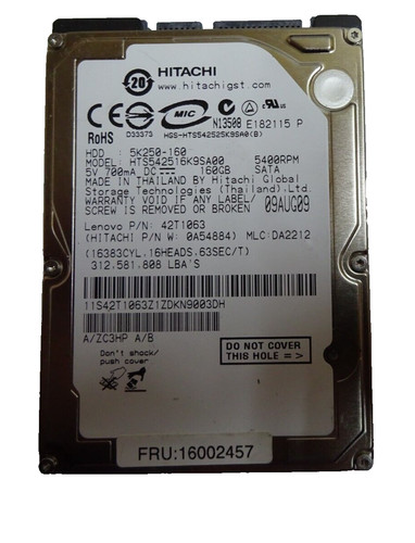 160GB SATA NOTEBOOK HDD HITACHI HTS542516K9SA00 SN: A/ZC3HP A/B #NFP1012