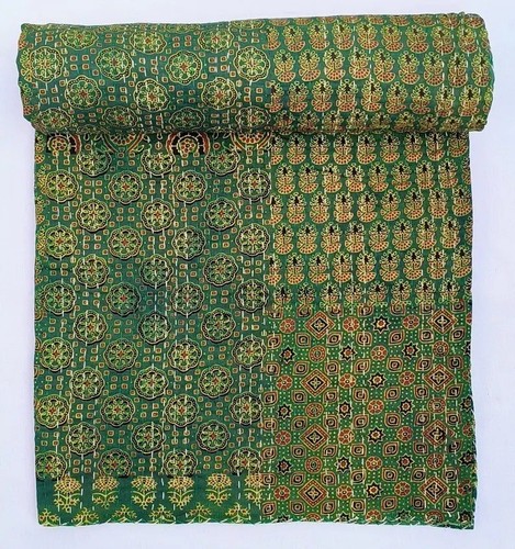 Vintage Ajrakh Patchwork Kantha Quilt Bedspread Cotton Bedding Throw Blanket Art - Picture 4 of 5