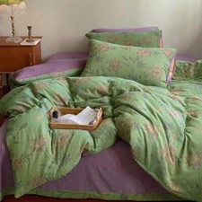 NEW Anthropologie Green Purple Floral Linen Boho Queen Bedding Duvet Sham Set