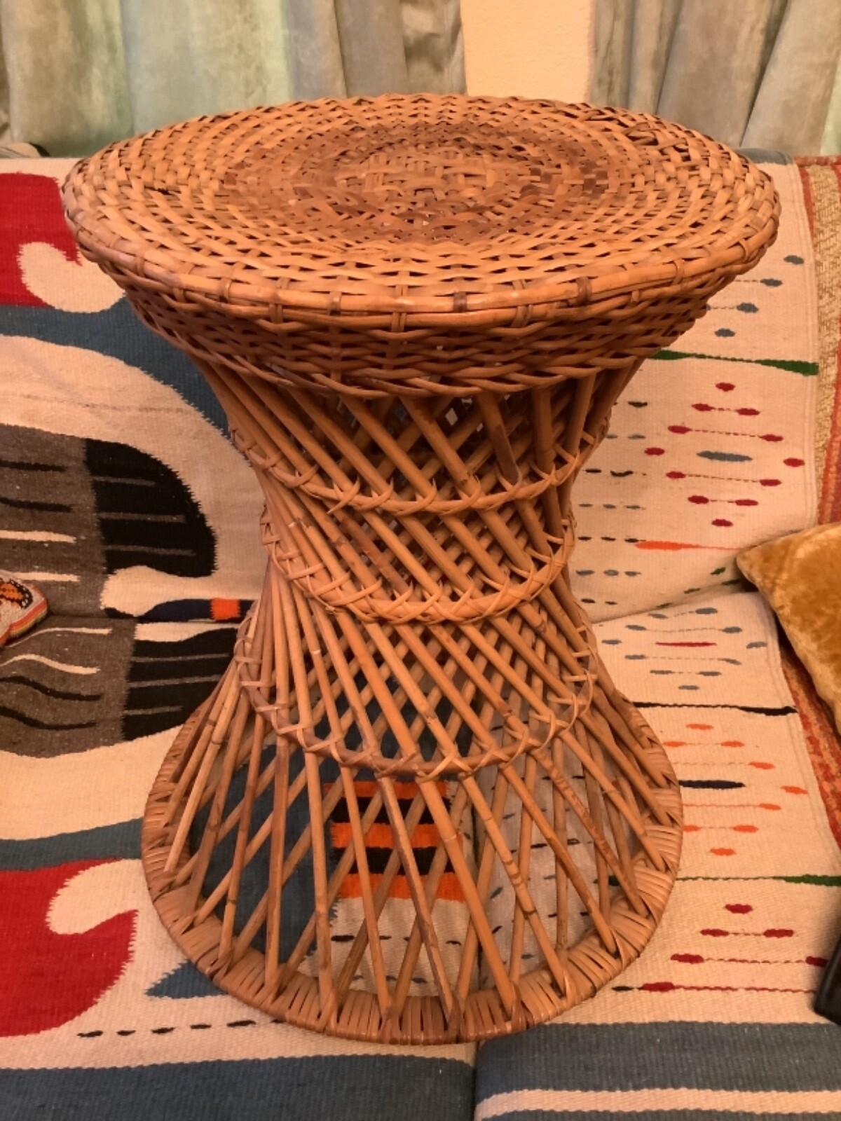 Vintage Round Woven Rattan Bamboo Cane Plant Stand TIKI Cocktail Side