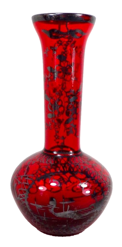Bud Vase Ruby Glass Silver Overlay Art Nouveau Czech Vintage - 第 1/8 張圖片