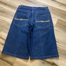 Southpole Mens Baggy Denim Shorts Blue Y2K Jorts Embroidered Size 34 Dark