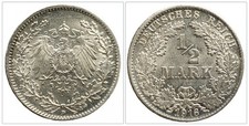 1/2 Mark Piece 1916 D German Reich Imperial Eagle Old Empire Silver Coin