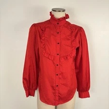 Vintage 70s Laura Mae Red High Ruffle Neck Button Front Blouse Top Medium / 10