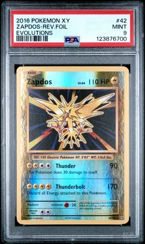 2016 POKEMON XY EVOLUTIONS #42 ZAPDOS-REVERSE FOIL PSA 9