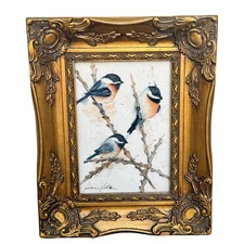 Original Watercolor Painting Birds on Tree Branches Art Impressionist Gold Frame