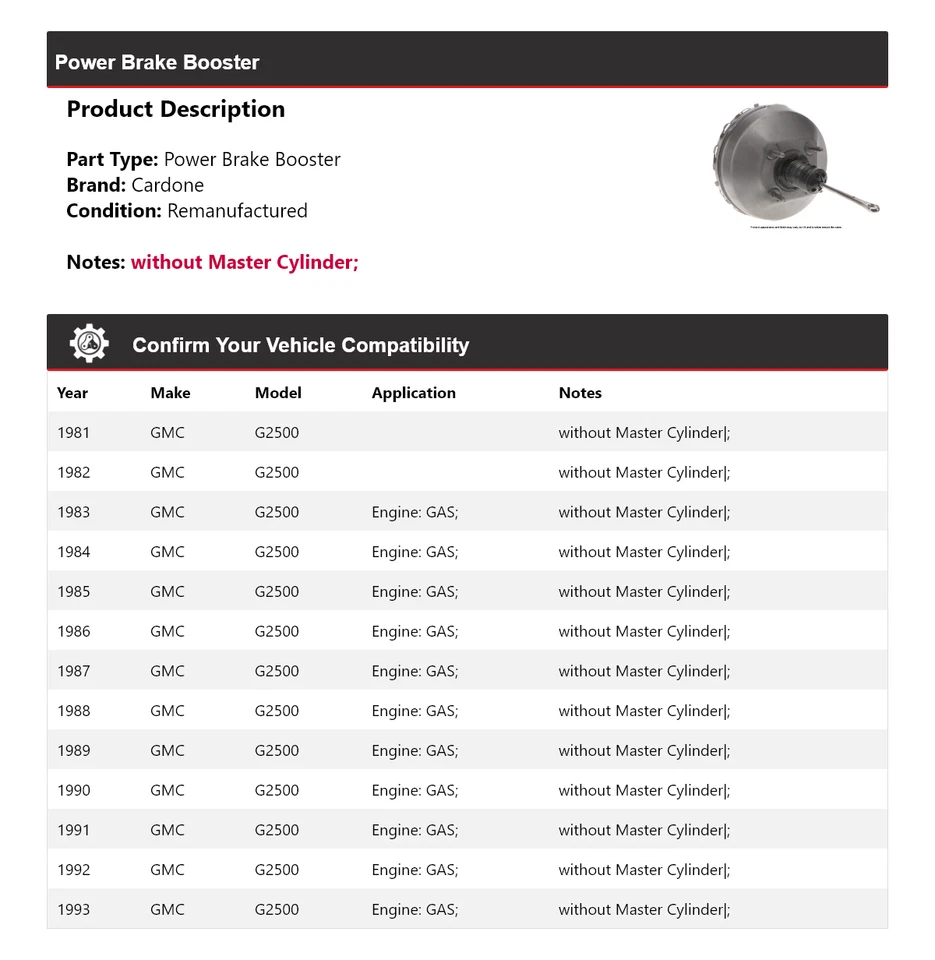 Para 1981-1993 GMC G2500 Power Brake Booster Cardone 1982 1983 1984 1985 1986 Foto 2 de 4