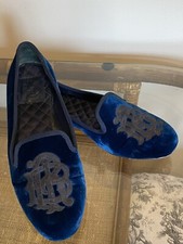Tory Burch Blue Velvet Loafer Accent Flats Slippers Embroidered Crest 7