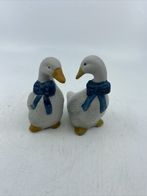 Vintage Geese Goose Ducks Porcelain with Blue Bow Figurines