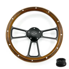 14" Black Steering Wheel (Wood w/ Silver Rivets Wrap, Chevy Horn, Adapter A01)