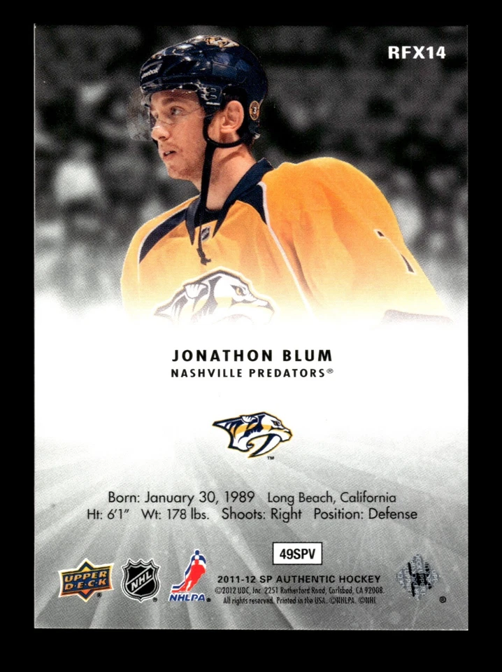 5-01-04 PWE . 2011-12 spa sp authentic ud rookie holo fx #rfx14 jonathon blum - Image 2 of 2