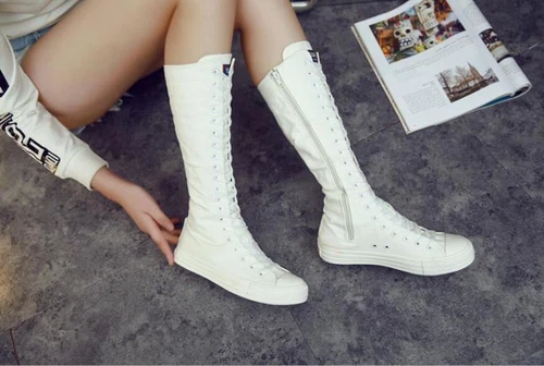 Women's flat bottomed lace up canvas knee high sports shoes boots punk gothic - Picture 6 of 18