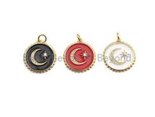 Enamel Moon Star Round disc Charm Pendant, Black/Red/White Enamel charm, Enamel