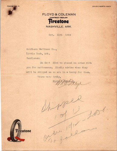 Floyd & Coleman Nashville AR 1922 Letterhead Firestone Dealer Tires