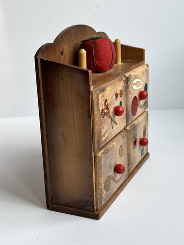 Vintage Sewing Box Cabinet Wood Wall 4 Drawers Pin Cushion Spool Holders Japan - Picture 3 of 13