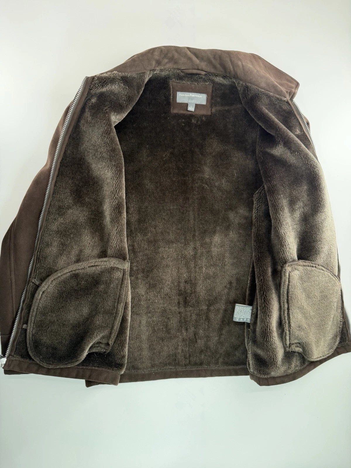 Perry Ellis Portfolio Men’s Brown Faux Suede Faux Fur Lined Zip Jacket L - product detail image 3
