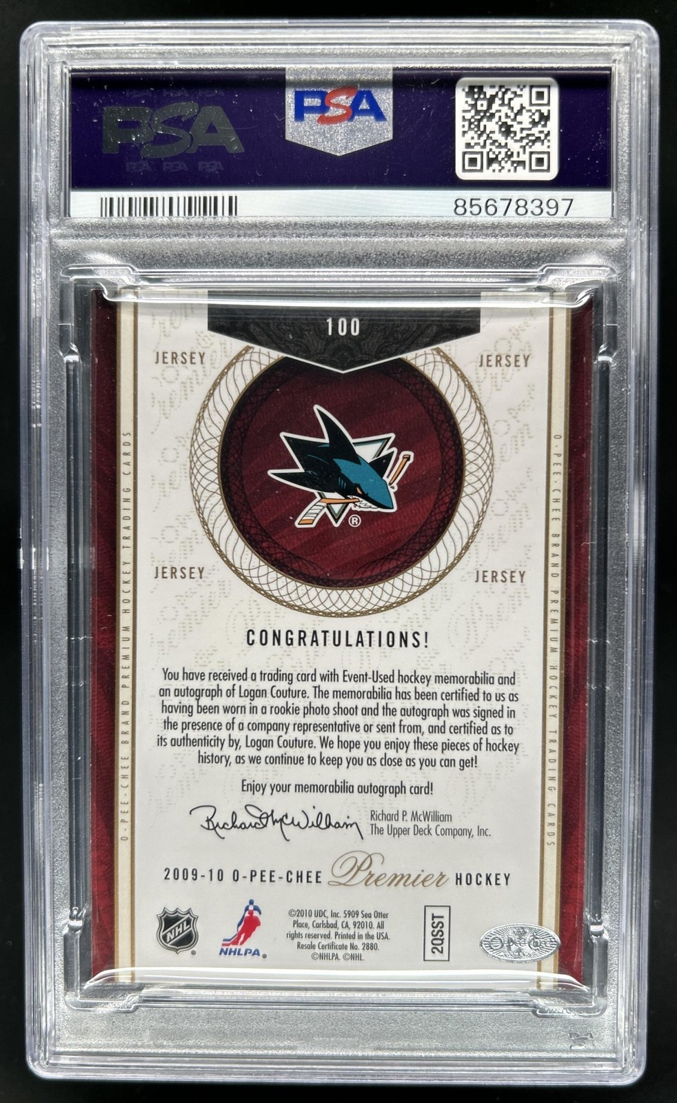 2009-10 O-Pee-Chee Premier Logan Couture Jersey Auto RC #/299 Sharks PSA 6 view 2