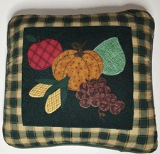 Harvest Time  Autumn Fall Plaid Pillow Appliqued Apple Pumpkin Corn Grapes 14"