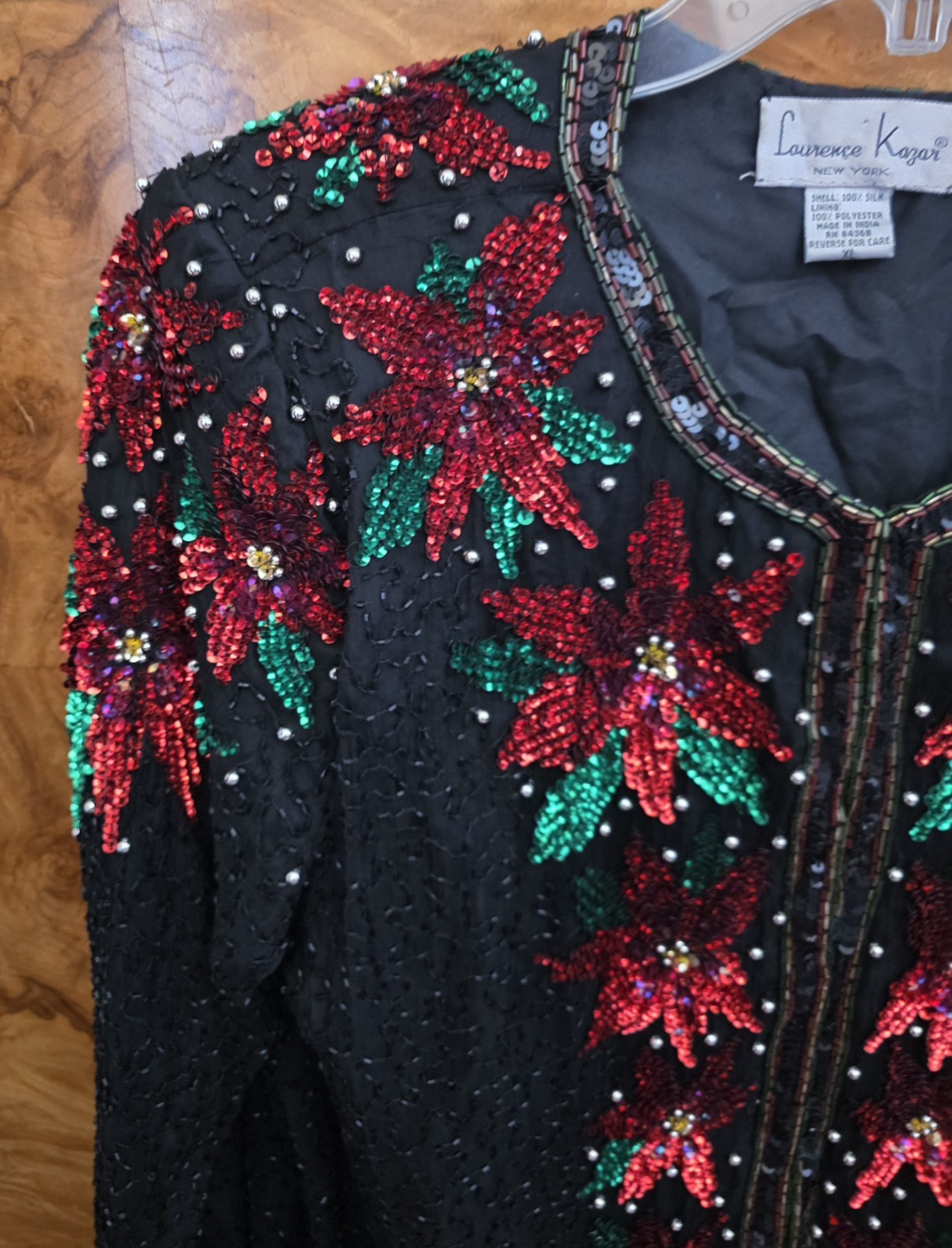 LAWRENCE KAZAR SILK & BEADED POINTSETTIA JACKET ~ XL