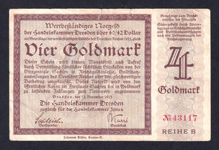 Dresden / Zittau Handelskammer 4 Goldmark 12.11.1923