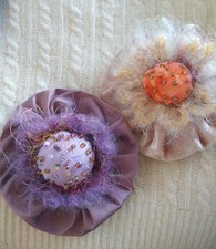 Set 2 Brooches Multicolor Fabric Flower Clip Pin Artisan Clothes Accessories 5"