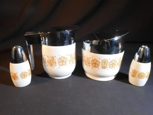 Vtg 70s Gemco Cream and Sugar, Salt & pepper. Butterfly and flowers