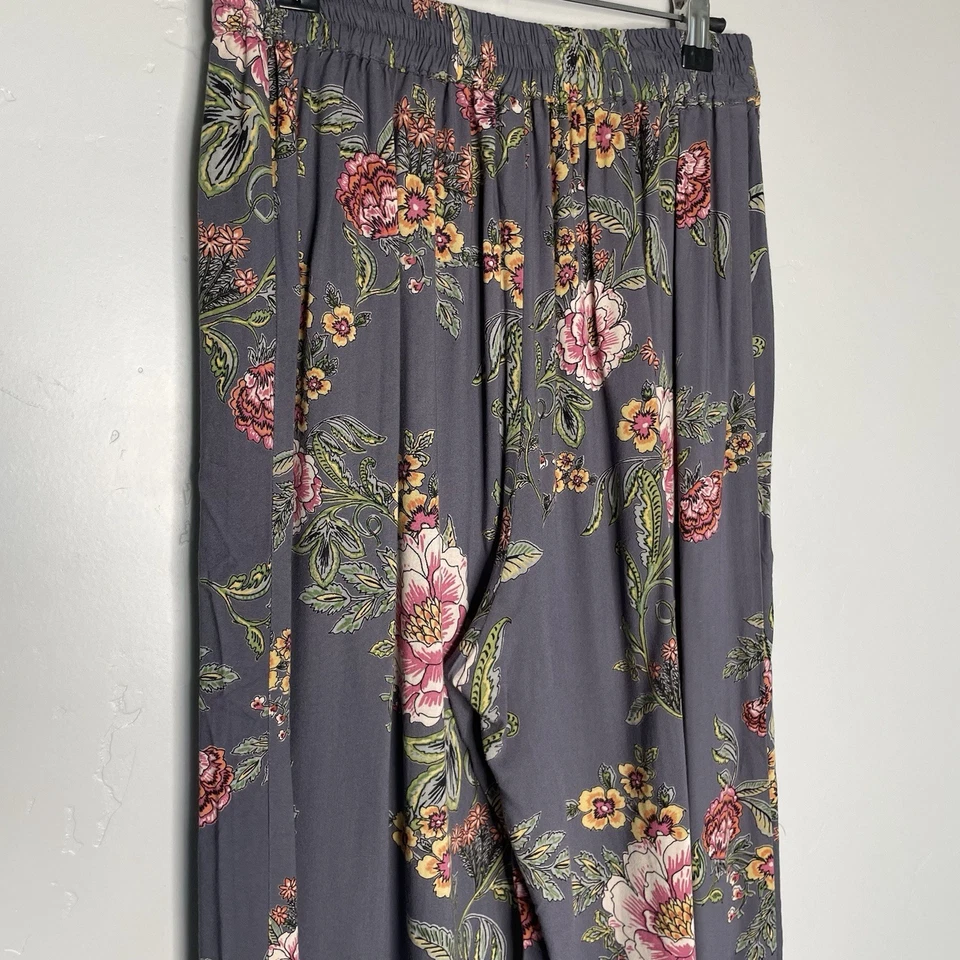 Брюки женские Angie с цветочным богемным принтом широкие штанины средние серые розовые романтические без застежек - Изображение 4 из 4