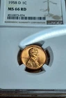 1958 D Lincoln Wheat Cent NGC MS66 RD