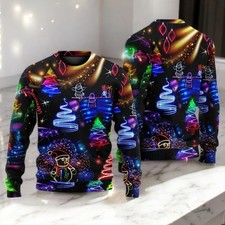 Christmas Neon Art Santa Snowman Ugly Sweater, Bright Festive Xmas Top