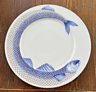 Villeroy & Boch Villam La Mer 12 Inch Dinner Plate Blue Fish Gold 