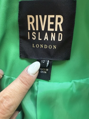 River Island Size 12 Green Faux Leather Blazer Fitted Jacket Bold Statement - Picture 6 of 20