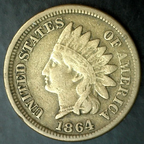 1864 Indian Head Bronze Penny CN One Cent Copper Nickel 1c Coin Fine Condition