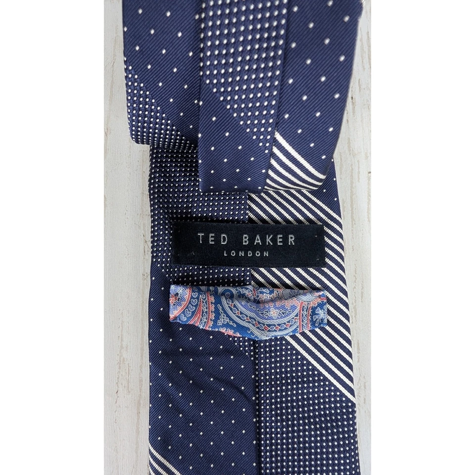 Corbata para hombre TED BAKER LONDON azul marino seda algodón lunares rayas Foto 3 de 4