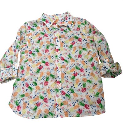 Talbots Petites Pineapple Watermelon Fruit Print Cotton Button Down Shirt SP