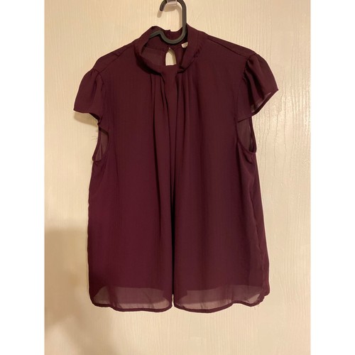 June & Hudson Burgundy Mock Neck Flutter Sleeve Pleated Chiffon Blouse Medium
