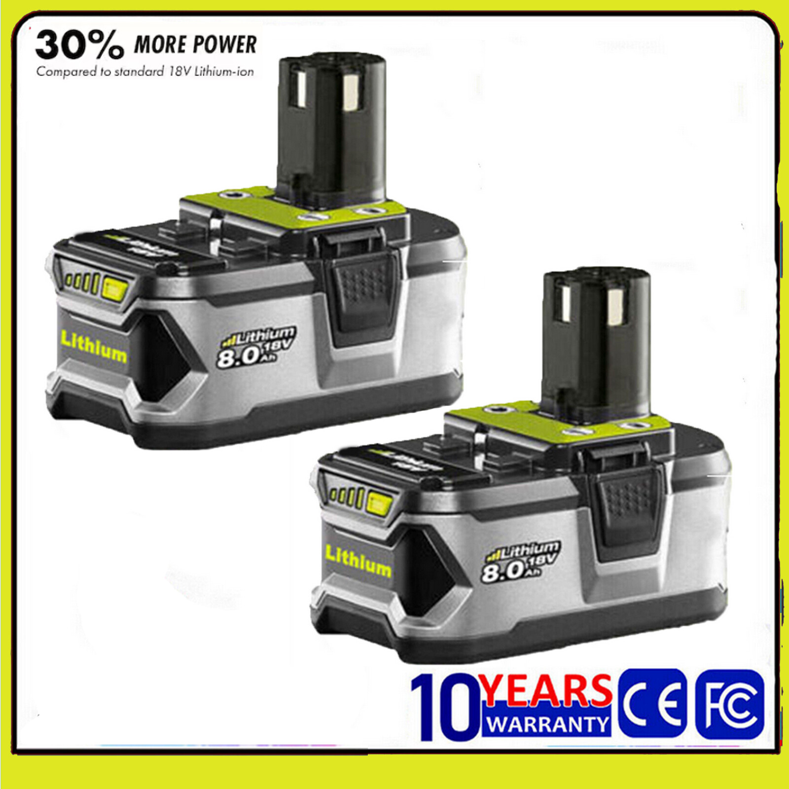 2x 8,0Ah Ersatzakku Für Ryobi 18V + Ladegerät – Kompatibel Mit P108, P107, P105 Usw. & Ryobi 18V System