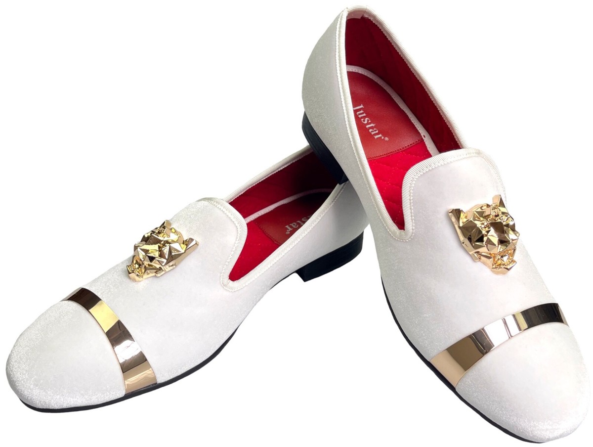 Men's White Velvet Loafers Formal Dress Shoes Gold Buckles Slip-on Slippers  Flat - Main Image