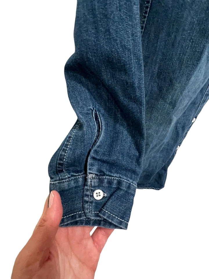 Blusa Denim Azul Grande Azul Marino Antigua Para Mujer Manga Larga Cuerpo Largo Dos Bolsillos Botón Foto 4 de 4
