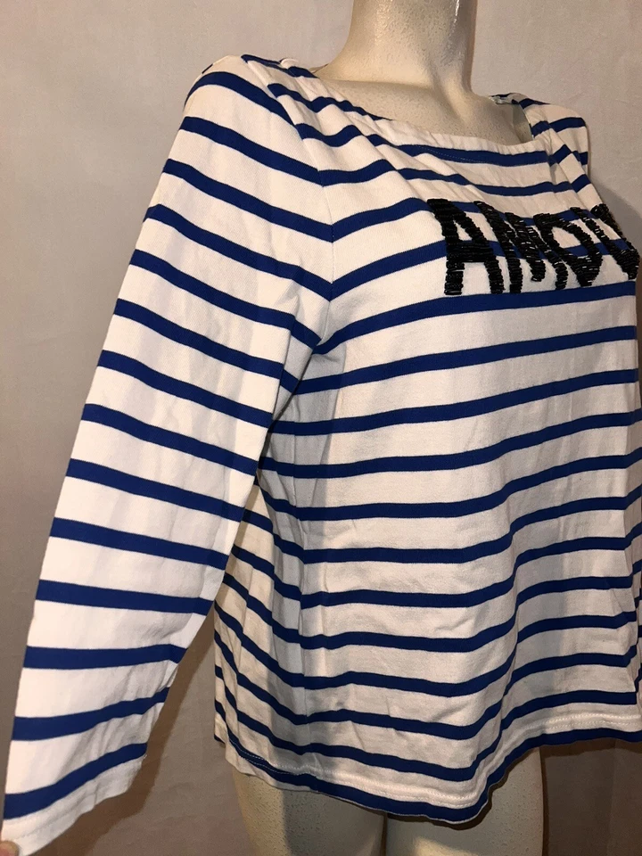 Camisa Lord & Taylor Top Para Mujer Talla XL Azul Blanco Rayas Cuentas AMOUR Manga 3/4 Foto 4 de 4