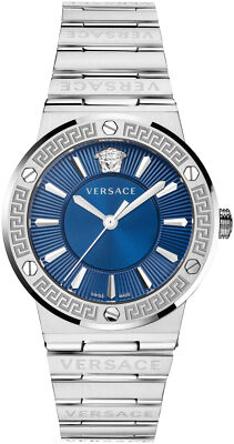 Versace VEVH00520 Greca Logo blau silber Edelstahl Armband Uhr Damen NEU