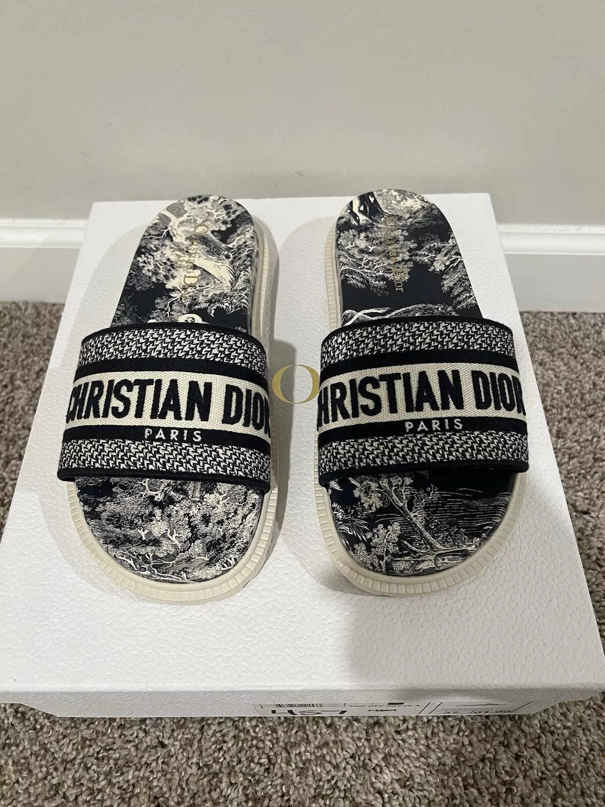 Christian Dior DWAY SLIDE Toile de Jouy coton brodé à l'envers bleu US7/EU37