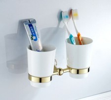Golden Color Brass Wall Mounted Toothbrush Holder with two Ceramics Cups 2ba880