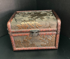 Vintage Embossed Fabric Covered Carved Wooden Hinged Lidded 5 1/4" Trinket Box