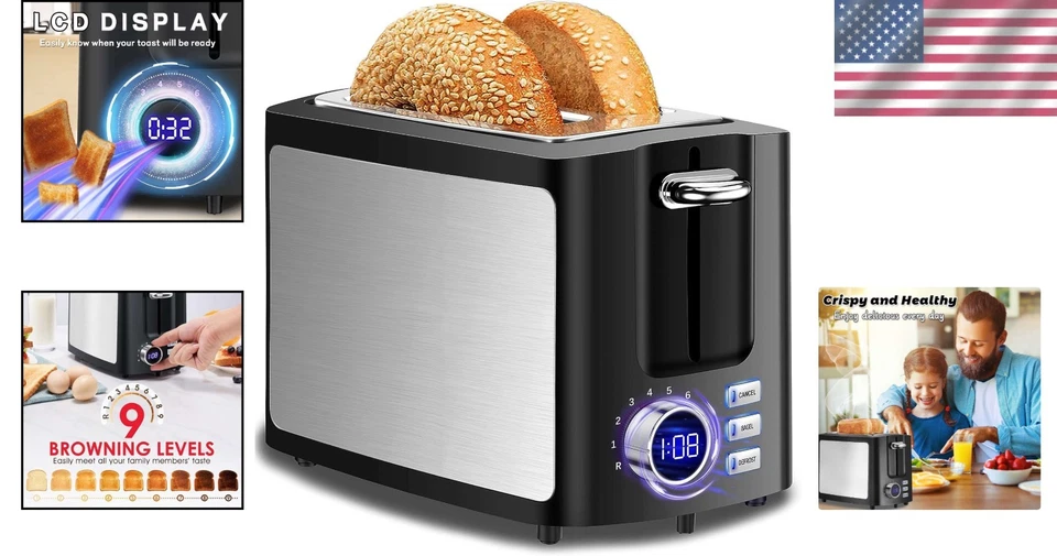 Tostadora de 2 rebanadas ranura ancha acero inoxidable LCD temporizador digital Foto 2 de 4