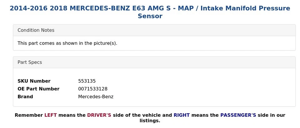 2014-2016 2018 MERCEDES-BENZ E63 AMG S - MAP / Intake Manifold Pressure Sensor - Image 4 of 4