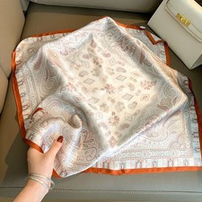 100 Pure Silk 21" Square Scarf Women Neckerchief Beige Paisley Wrap Orange Edge