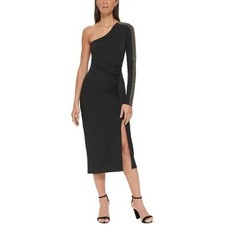 Guess One-Shoulder Embellished-Sleeve Ruched Midi Dress - Black/Gold - Size 4