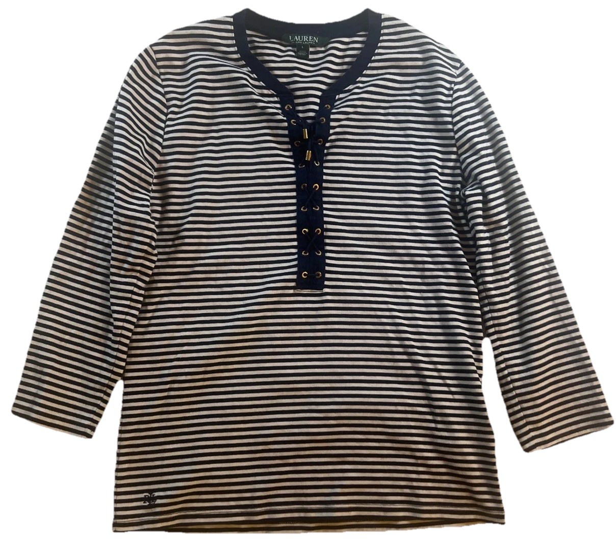 LAUREN Ralph Lauren Striped Lace-Up V Neck 3/4 Sleeve Top Navy White