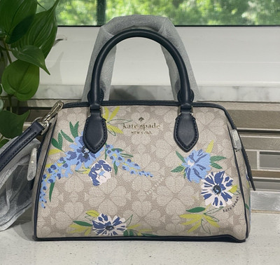 KATE SPADE SMALL DOLLY DUFFLE CROSSBODY BAG BLUE TAN BEIGE FLORAL PRINT SATCHEL