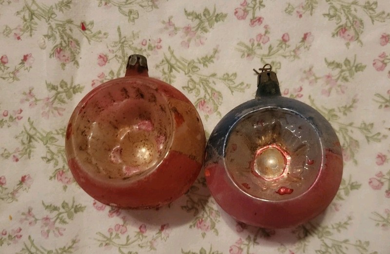 Lot of 2 Vtg Mercury Glass Retro Indent Christmas Holiday Ornament MCM Pink Blue